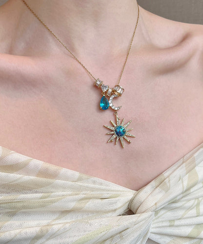 Blue Sun Moon Zircon Alloy Pendant Necklace