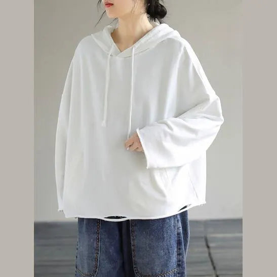 Art Hooded Hole Spring Top Neckline White Blouse