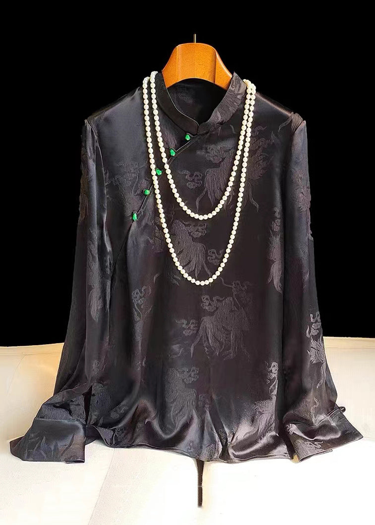 Jacquard Green Stand Collar Button Silk Shirt Long Sleeve