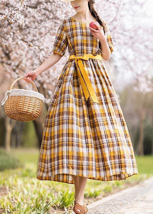 Yellow Plaid Tie Waist Mid Summer Linen Dress