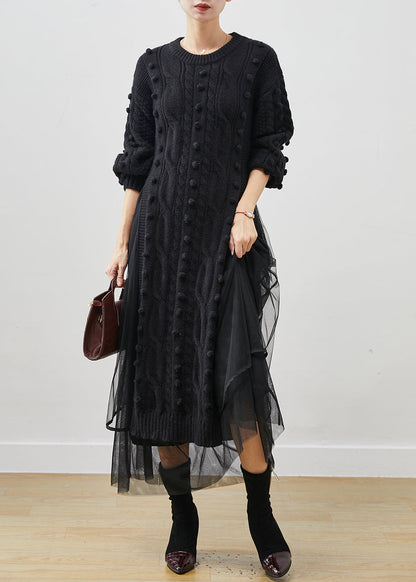Black Side Open Knit Sweater Dress and Tulle Skirt Two Pieces Set Winter