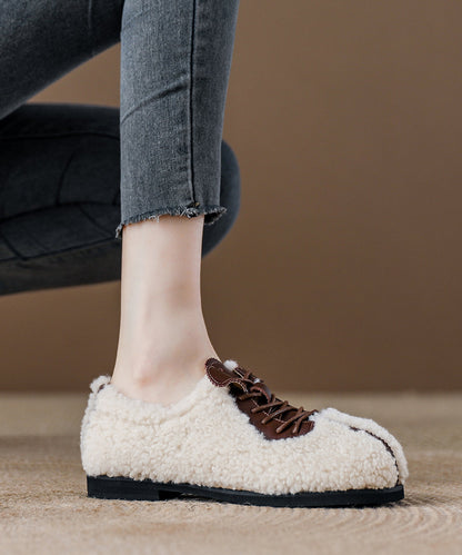 Lace Up Splicing Flat Feet Shoes Beige Fuzzy Fur