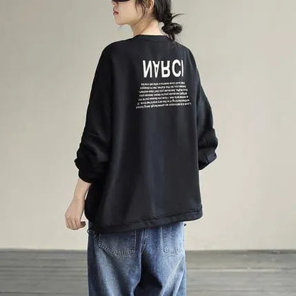 Organic Drawstring Cotton Alphabet Prints Top Silhouette Sleeve Black Sweatshirt