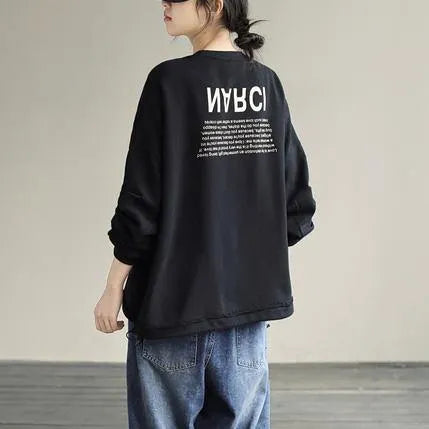 Organic Drawstring Cotton Alphabet Prints Top Silhouette Sleeve Black Sweatshirt