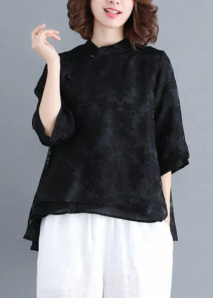 White Stand Collar Asymmetrical Design Summer Tops Three Quarter Sleeve Shirt
