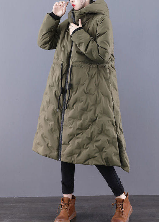 Army Green Hooded Drawstring Side Open Thick Duck Down Down Coats Winter