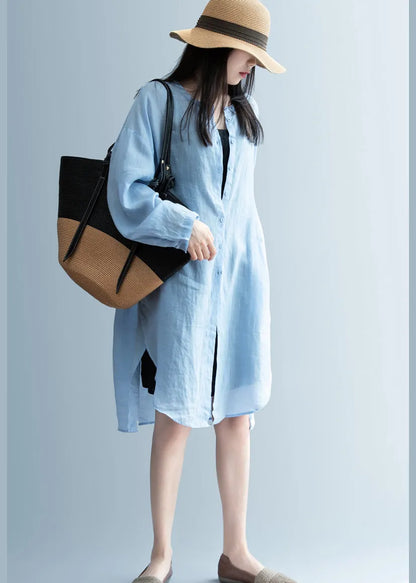 Handmade Blue Asymmetrical Linen Blouses Spring