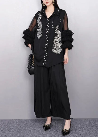 Black Rhinestone Hollow Out Chiffon Blouse Tops Flare Sleeve