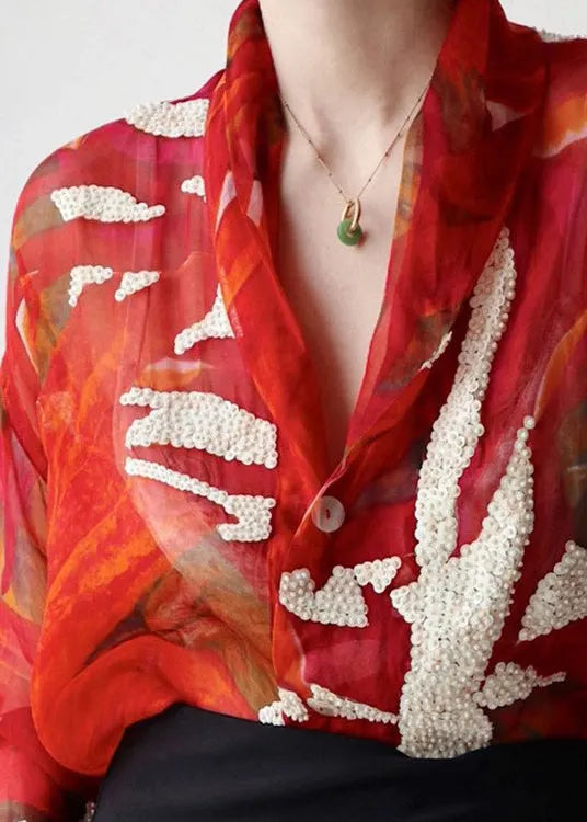 French Red V Neck Print Patchwork Silk Shirts Top Fall