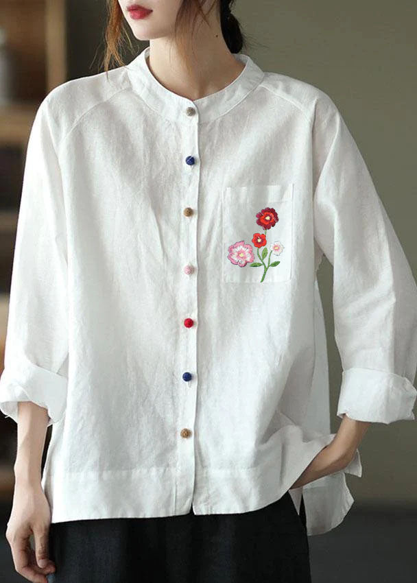 Modern Pink Flower Loose Patchwork Pockets Fall Long Sleeve Blouse Top