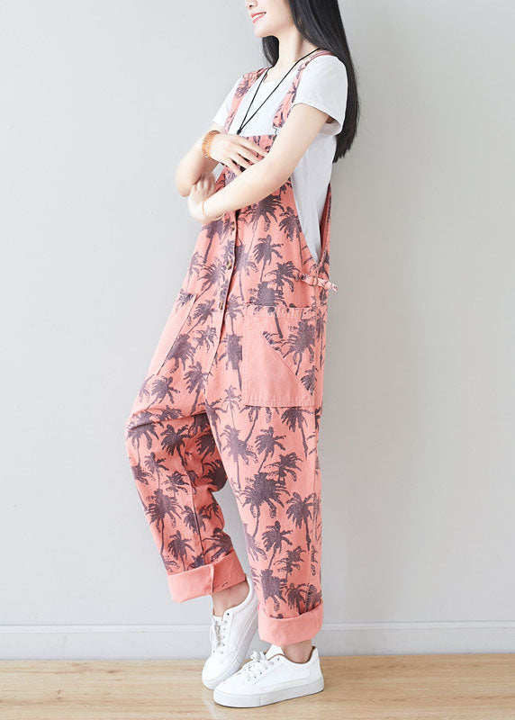 Pink Pockets Print Jumpsuits Spring