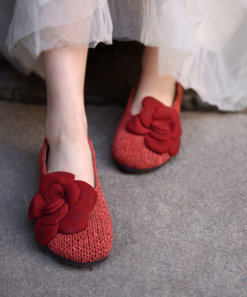 Handmade Red Flat Shoes Sheepskin Splicing