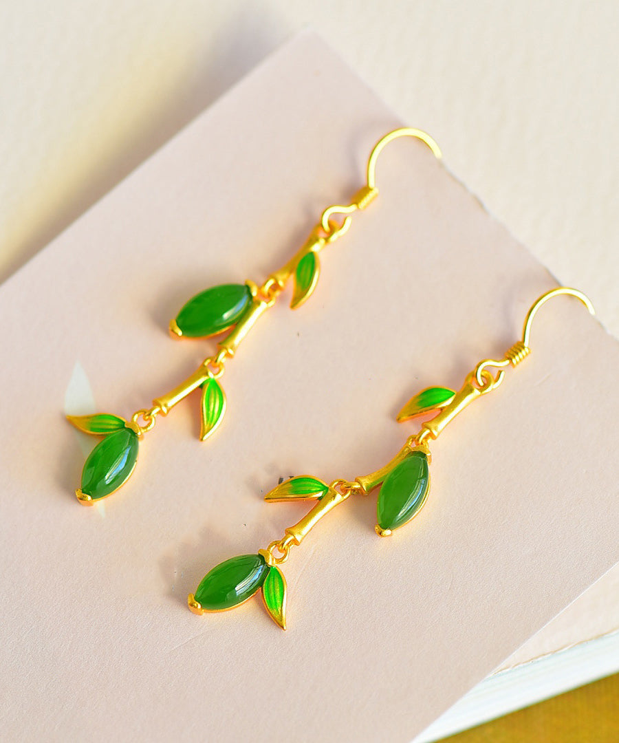 Green Silver Gold Plated Inlaid Jade Drop Earrings