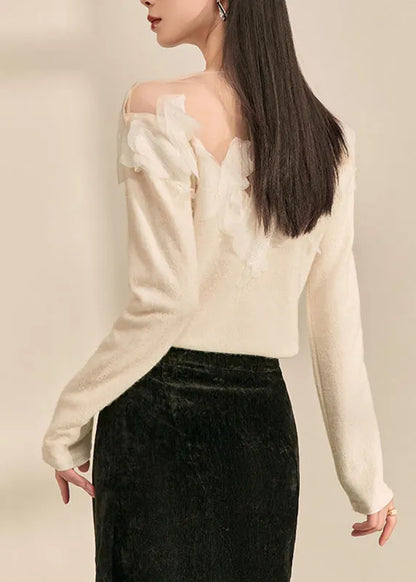 Style White O-neck Feather Patchwork Shirt Fall