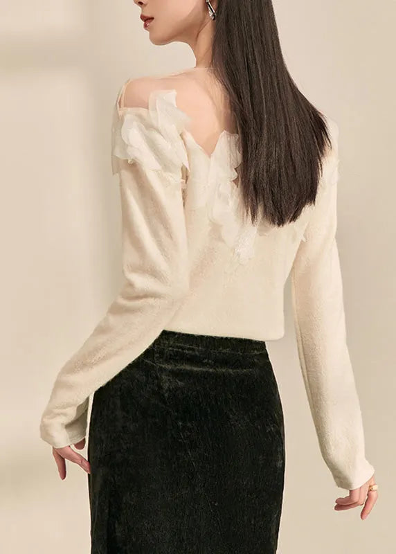Style White O-neck Feather Patchwork Shirt Fall