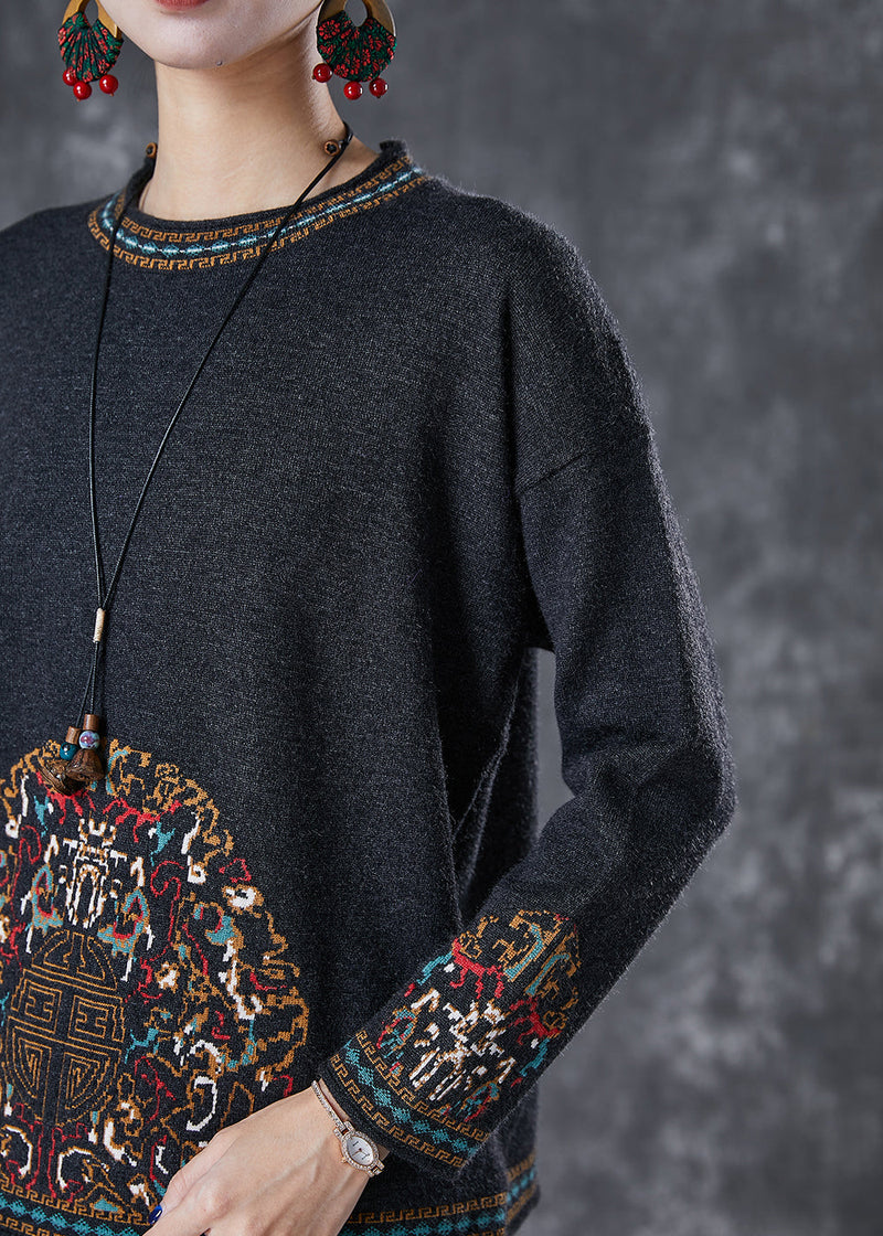 Black O-neck Print Cotton Blouses Fall
