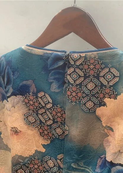 Organic Blue O Neck Print Patchwork Silk Top Summer