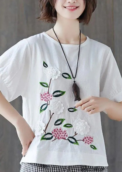 Loose White Embroideried Cotton Linen Tees Summer