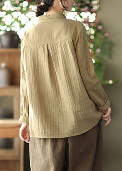 Khaki Peter Pan Collar Wrinkled Cotton Shirt Spring