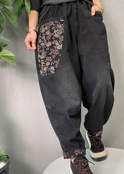 Black Embroideried Pockets Denim Pants Spring