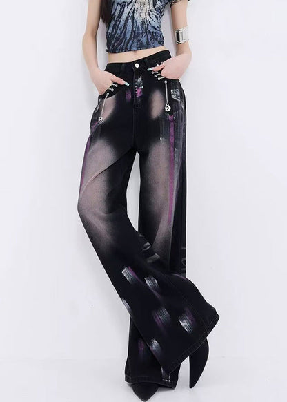 New Black Graffiti Pockets High Waist Denim Straight Pants Fall
