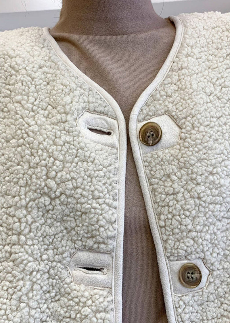 Beige V Neck Button Faux Fur Waistcoat Fall