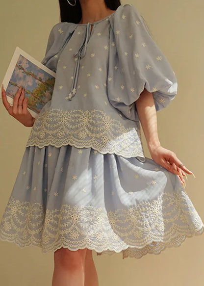 Blue Embroidered Patchwork Top and Skirts Two Pieces Set Lantern Sleeve