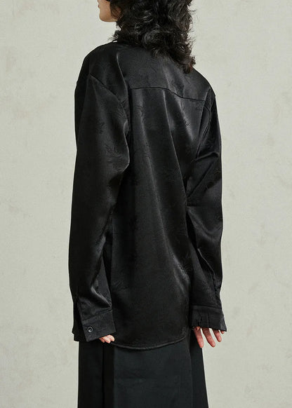Black Shirt Embroidered Tie Waist Fall