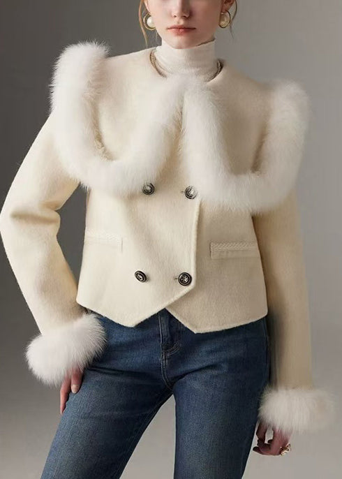 White Peter Pan Collar Patchwork Fox Fur Wool Coat Winter