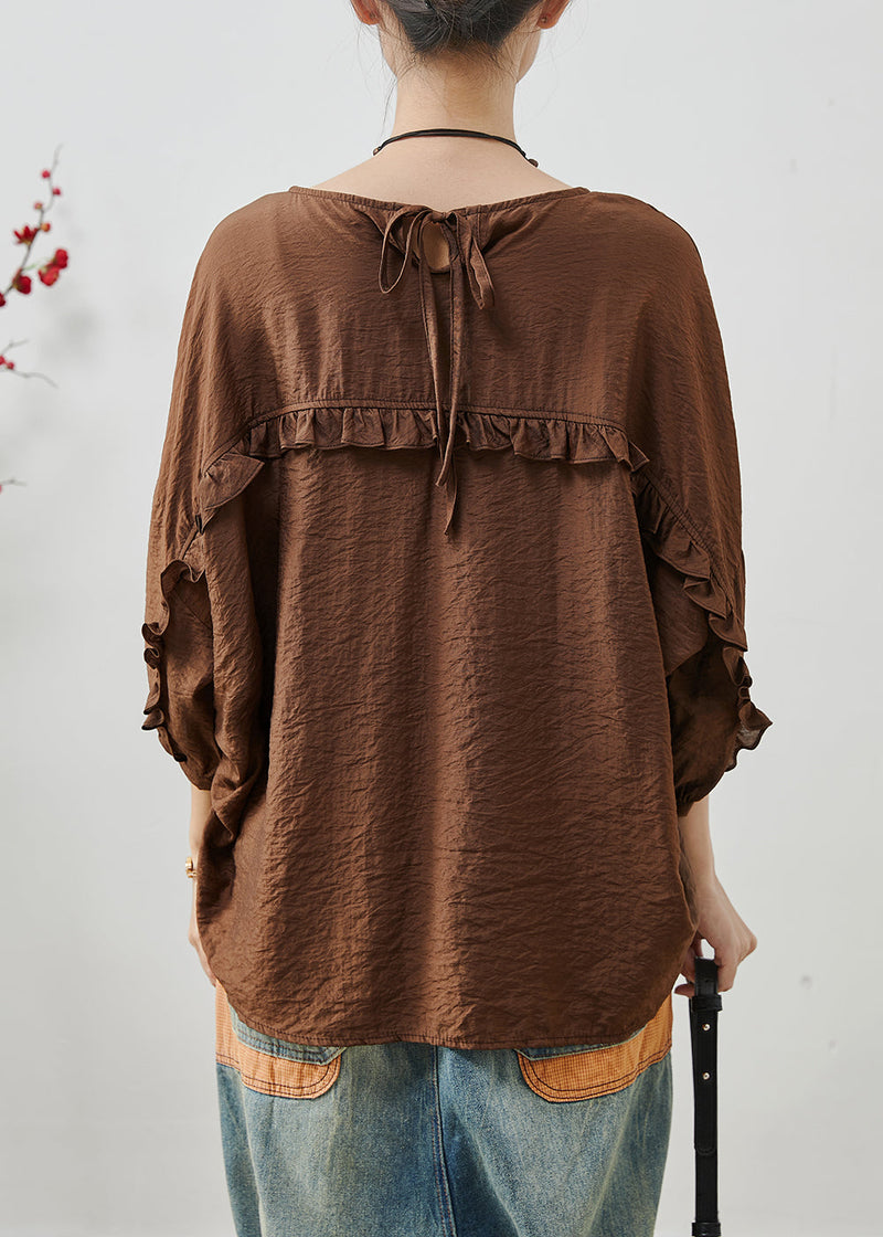 Chocolate Ruffles Cotton Loose Tops Batwing Sleeve