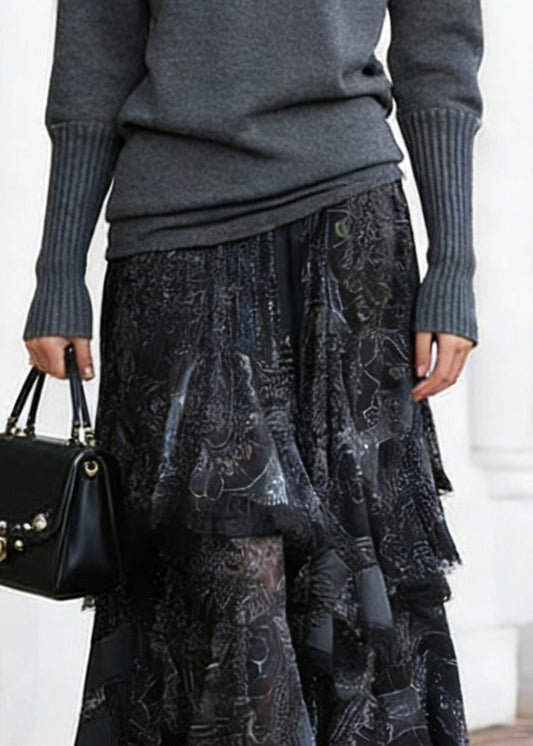 Black Print Elastic Waist Lace a Line Skirts