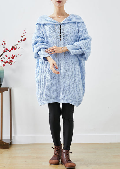 Sky Blue Hooded Oversized Knit Sweater Dress Fall