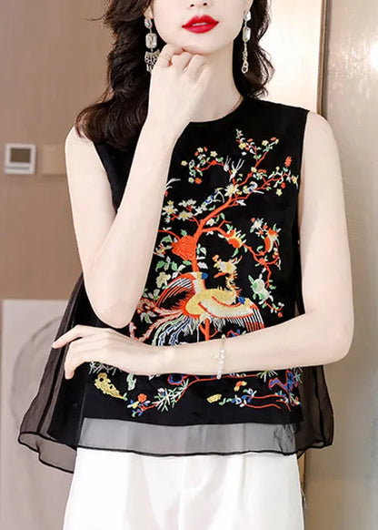 Loose Black O-neck Embroidered Tulle Tank Sleeveless