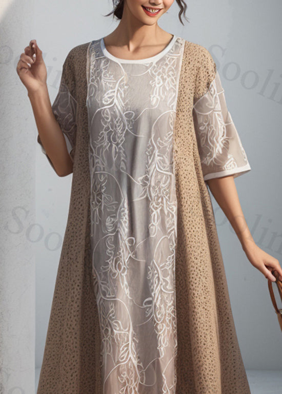 French Khaki O Neck Print Patchwork Silk Dress Summer
