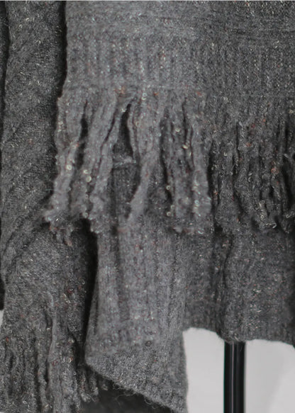 French Grey Turtle Neck Low High Design Knitted Tops Winter