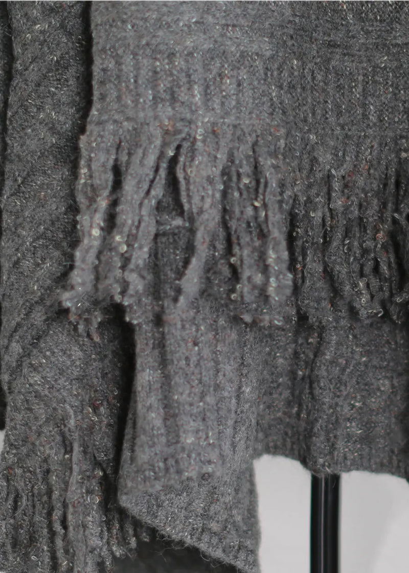 French Grey Turtle Neck Low High Design Knitted Tops Winter