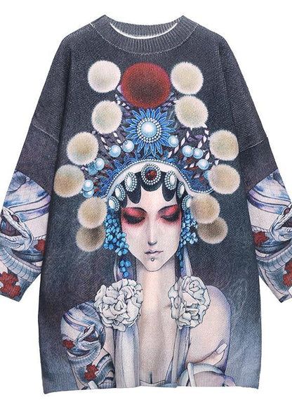 For Work Peking Opera Face Clothes O Neck Knit Sweat Tops