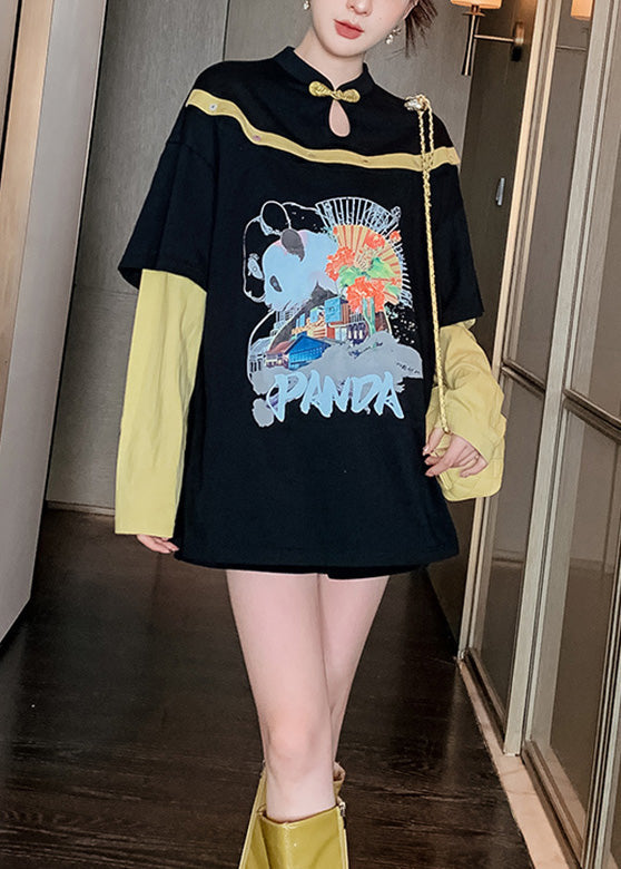 Black O-neck Print Patchwork Button Top Long Sleeve