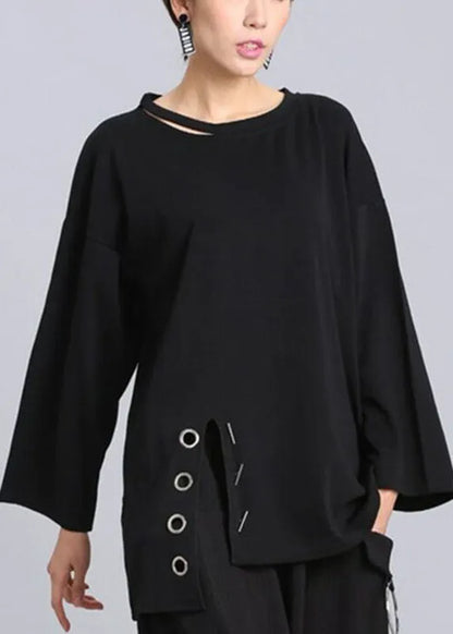 French Black O-neck Asymmetrical Design Fall Long Sleeve Top