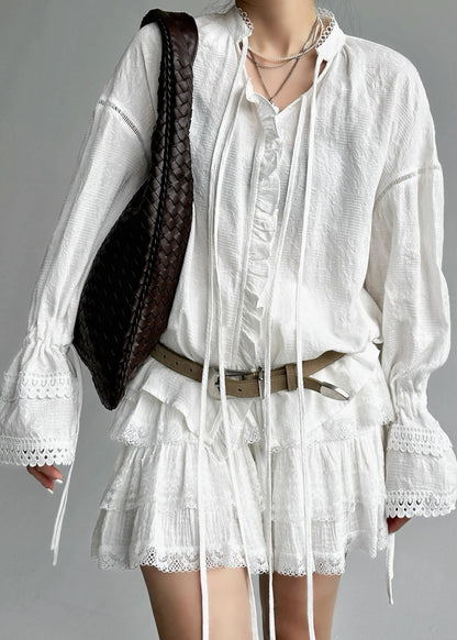 Jacquard White Lace Up Hollow Out Cotton Shirt Flare Sleeve