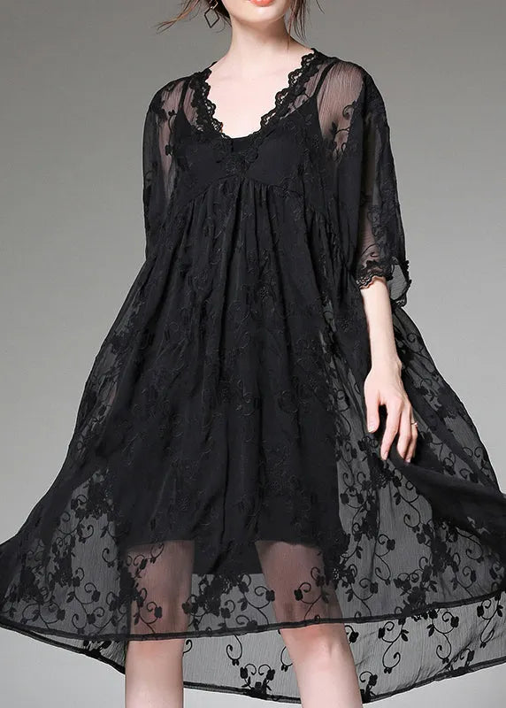 Handmade Black Embroideried Patchwork Tulle Two-piece Set Dress Summer