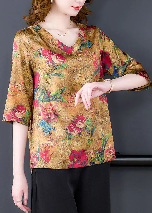 Yellow Side Open V Neck Print Silk Blouse Tops Half Sleeve