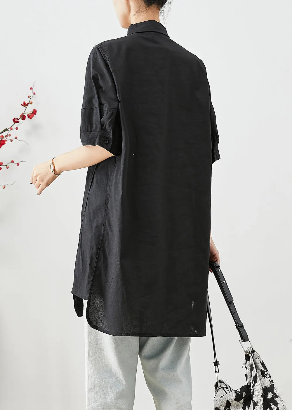 Black Peter Pan Collar Pockets Cotton Shirt Top Short Sleeve