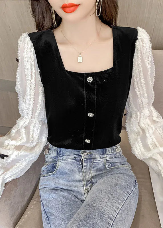 Black White Square Collar Bow Lace Patchwork Tops Spring