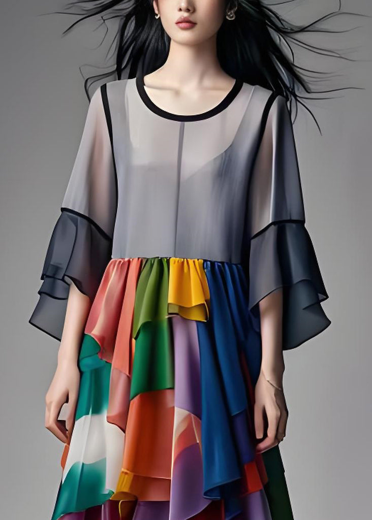 Grey Asymmetrical Design Wrinkled Patchwork Chiffon Dresses Summer