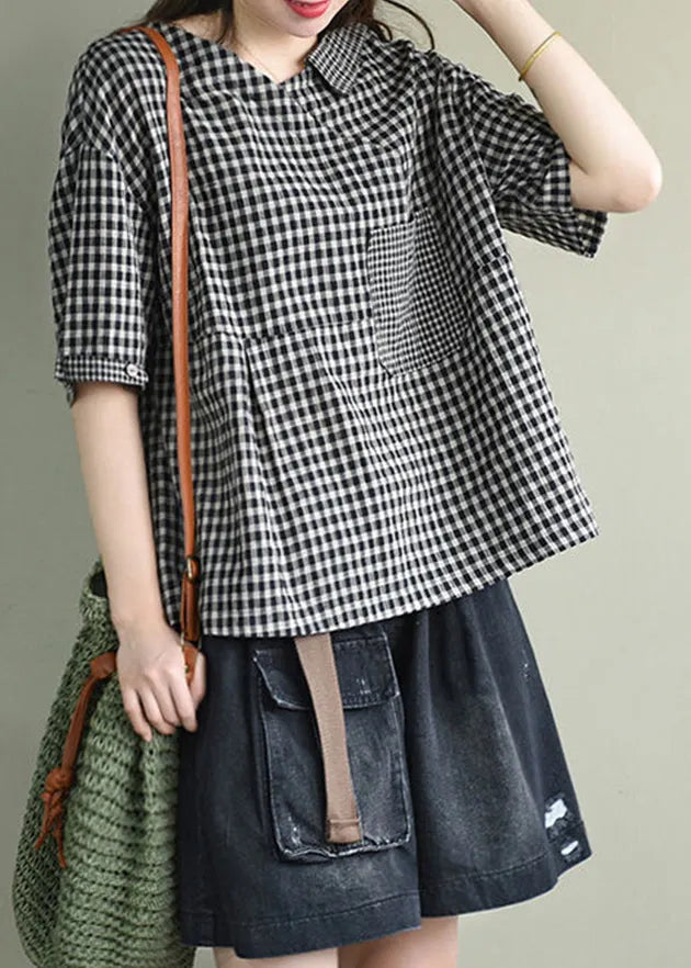 Black Asymmetrical Design V Neck Linen Tops Short Sleeve