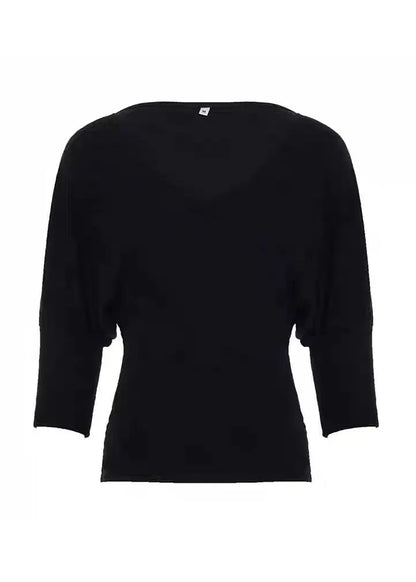 French Black V Neck Knit Shirt Batwing Sleeve