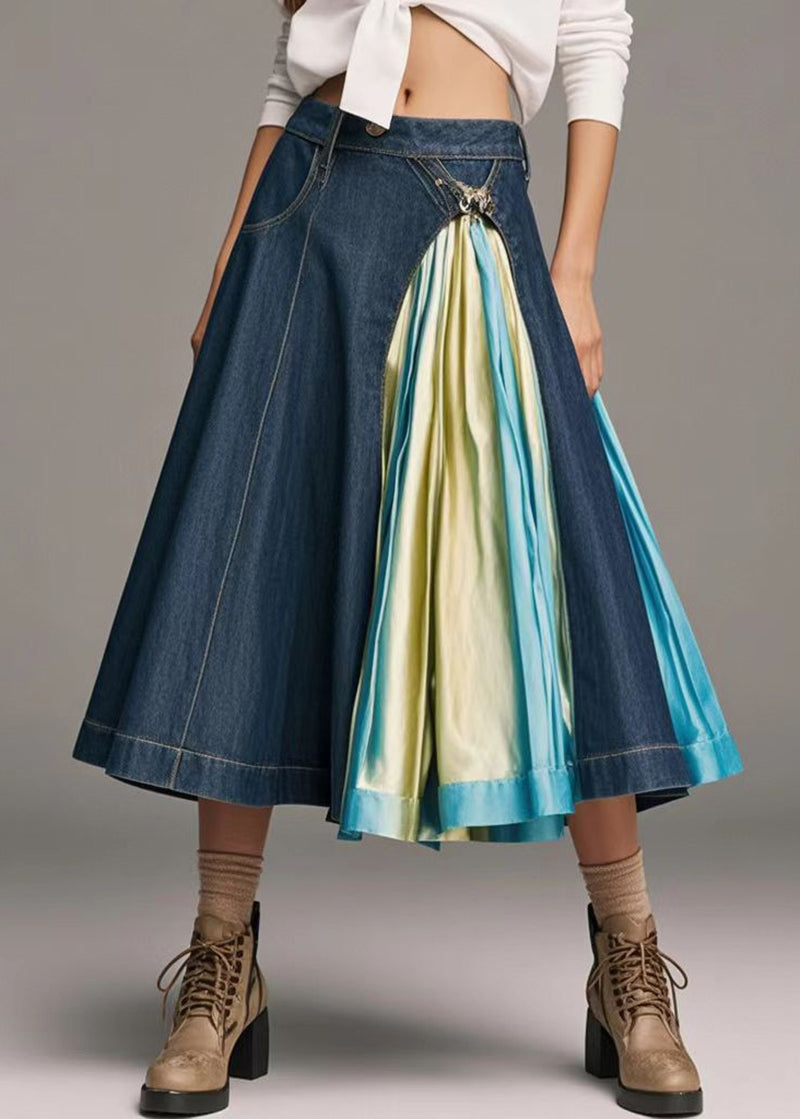 Navy Asymmetrical Patchwork Tie Dye Denim a Line Skirts Fall