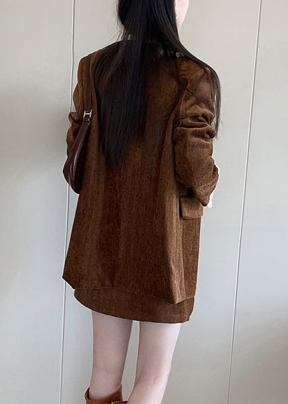 Brown Button Lace Patchwork Silk Velvet Coats Fall
