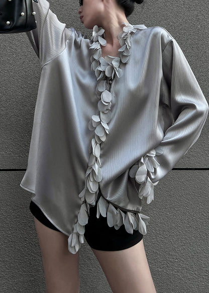 Grey Loose Cotton Blouses V Neck Petal Sleeve